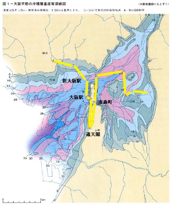 大阪平野の沖積層基底等深線図 3